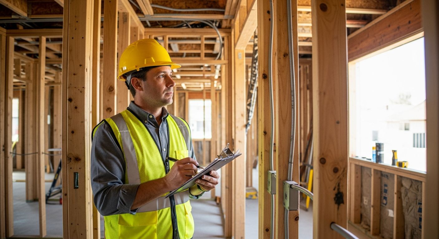 LADBS building inspector examining framing and electrical work during residential remodel inspection in Los Angeles.