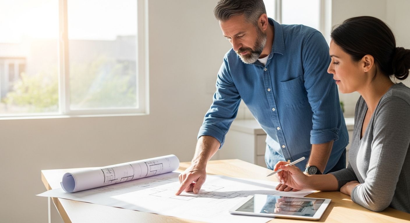 Licensed contractor reviewing building plans with homeowner at kitchen table in Los Angeles home with natural light.