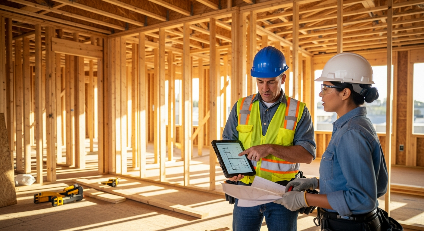 Design-build contractor reviewing structural drawings on tablet with superintendent inside Sherman Oaks home during framing phase.