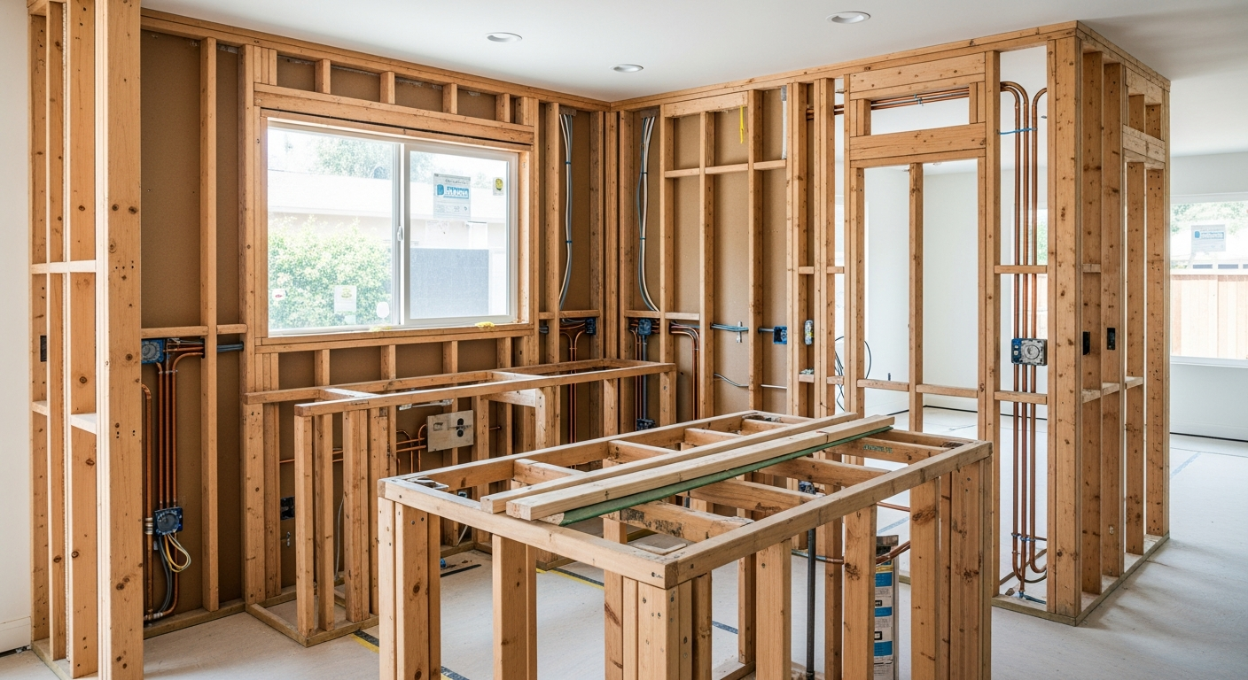 Sherman Oaks kitchen remodel in progress showing coordinated plumbing and electrical rough-in with open walls and new framing.