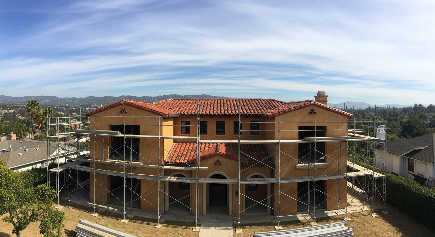 Sherman Oaks hillside home exterior during complete remodel showing new framing, scaffolding, and San Fernando Valley views.