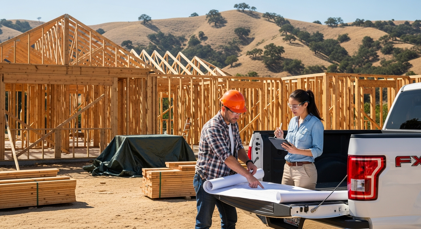 Sherman Oaks single-family home undergoing complete remodel with contractor and architect reviewing plans on site under California sun.