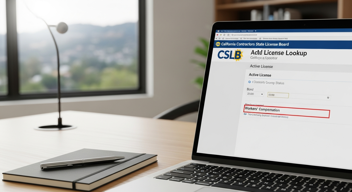 CSLB license verification screen on laptop showing active contractor status and workers' compensation coverage for a Los Angeles remodeling project.