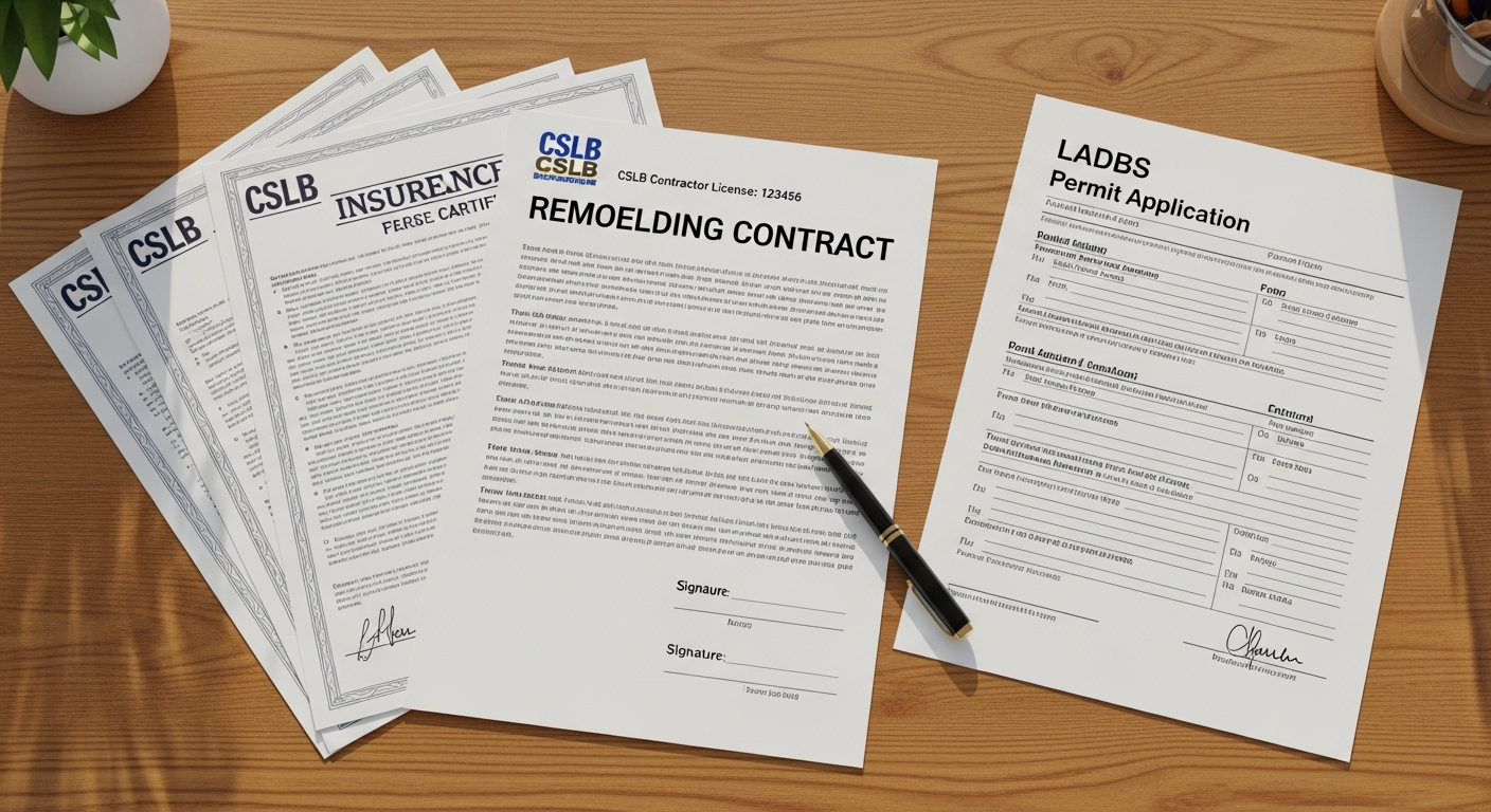 Sherman Oaks complete remodel contract on desk with CSLB license number printed on every page, insurance certificates, and permit application documents ready for homeowner review.