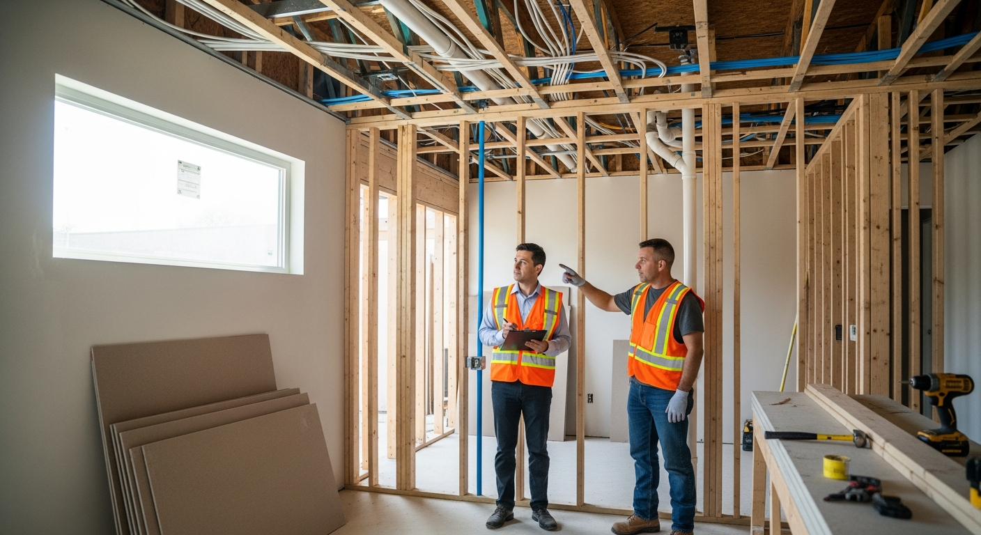 LADBS inspector reviewing framing work inside Sherman Oaks home during rough inspection, clipboard in hand, licensed contractor explaining structural details under California Title 24 compliance.