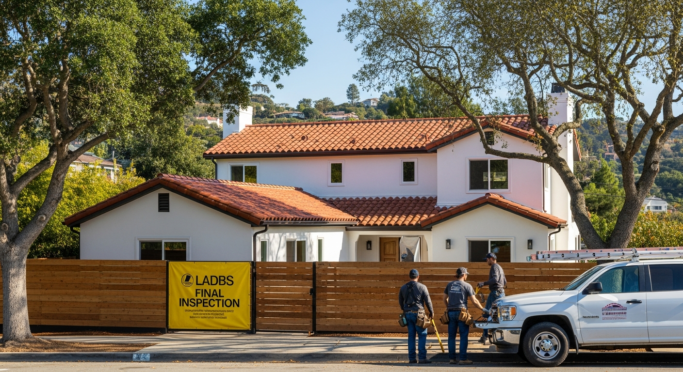 Sherman Oaks hillside property with completed permitted remodel, final LADBS inspection sign-off placard posted, licensed contractor's crew cleaning up job site under mature oak trees.