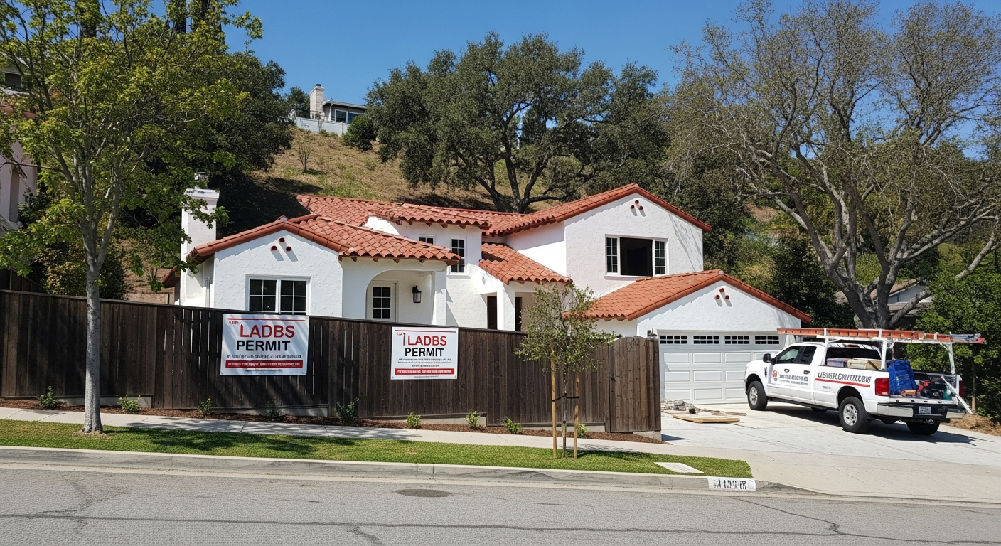 Sherman Oaks hillside home undergoing permitted complete remodel with LADBS placard visible and licensed contractor's truck parked in driveway under California oak trees.