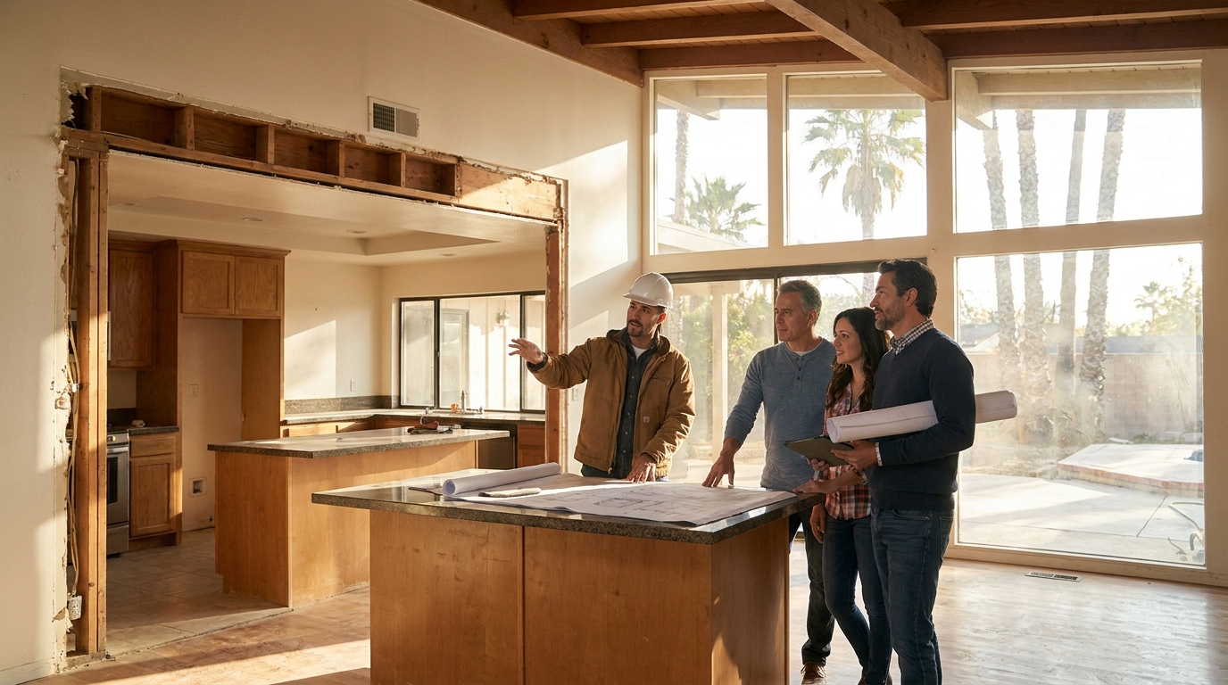 Licensed contractor and architect meeting with homeowner inside Tarzana home during remodel planning phase.