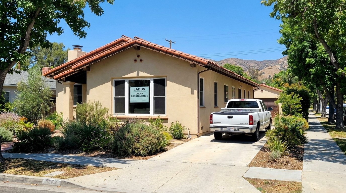 Tarzana home exterior showing LADBS permit placard posted on front window during active remodel.