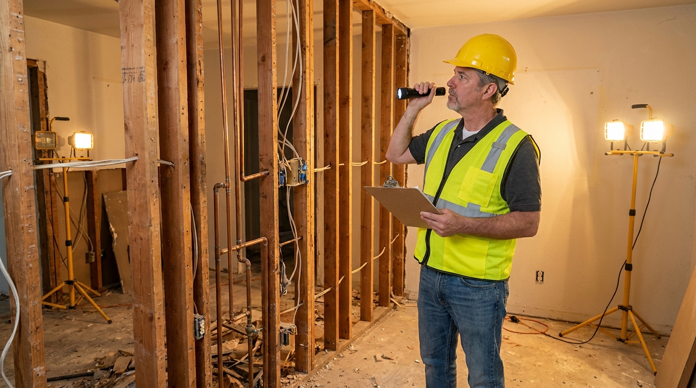 Contractor inspecting exposed framing and plumbing during Tarzana complete remodel interior demolition.