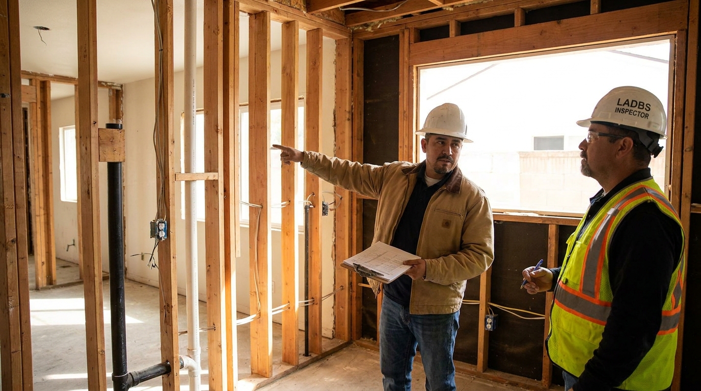 Tarzana remodel site with contractor coordinating with LADBS inspector reviewing structural work.