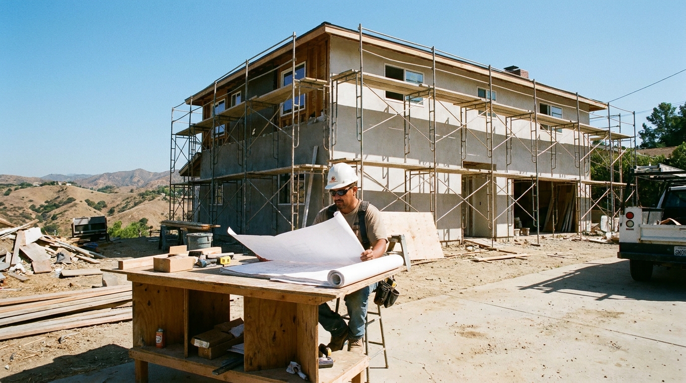 Tarzana hillside home undergoing complete remodel with contractor reviewing architectural plans on site.