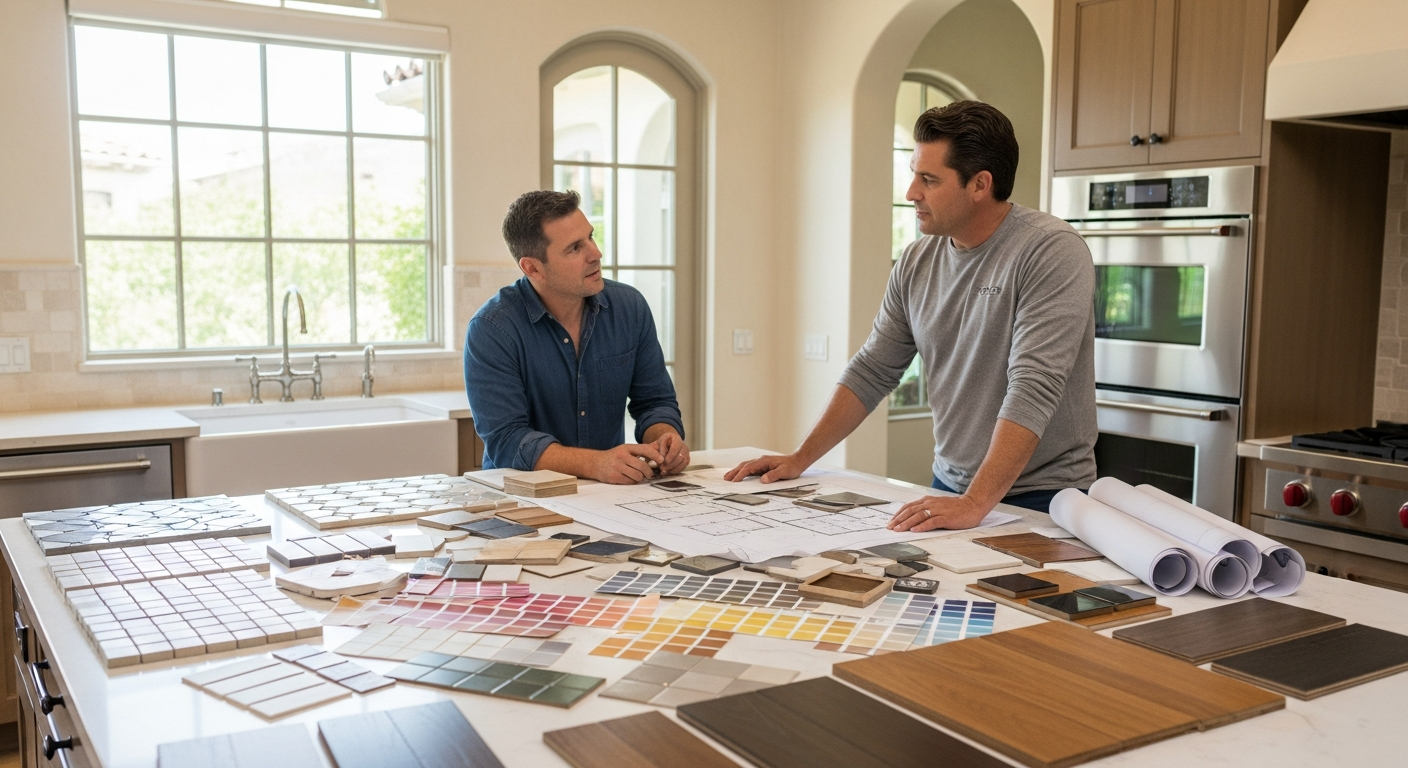 Design-build team meeting in a Los Angeles home with material samples and floor plans spread across a kitchen island during a remodeling project.