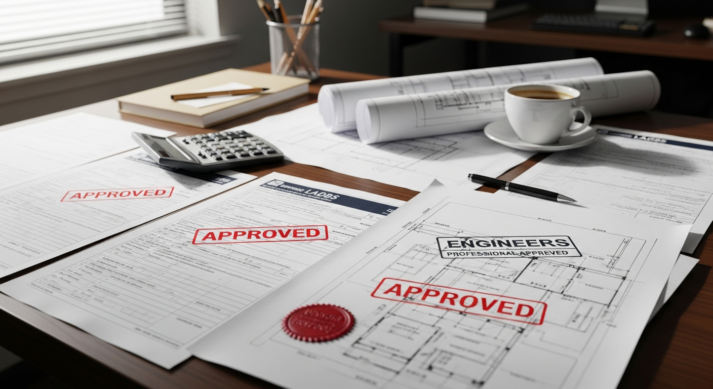 LADBS permit application documents and architectural drawings laid out on a contractor's desk in a Los Angeles office preparing for submission.