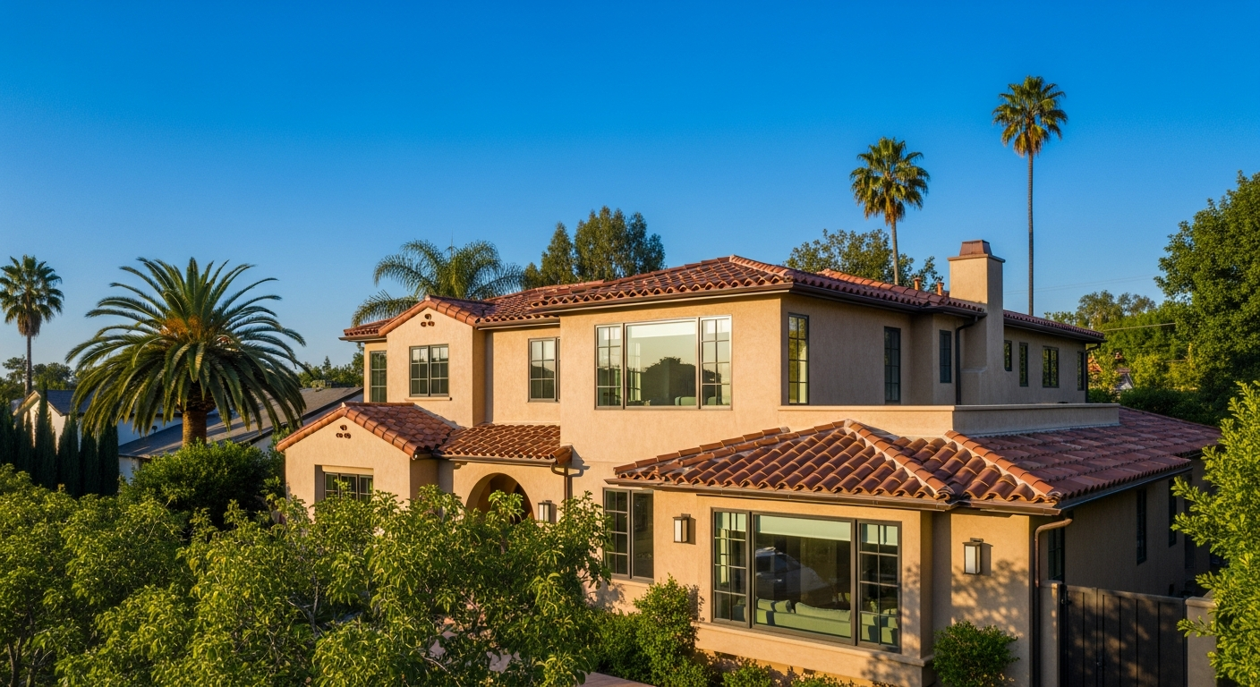 Completed Los Angeles home remodeling project exterior showing seamless integration of new addition with existing stucco and tile roof under clear blue sky.