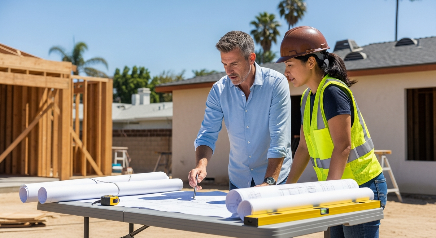 Architect and contractor reviewing construction plans on a table at a Los Angeles residential remodeling site with framing visible in the background.
