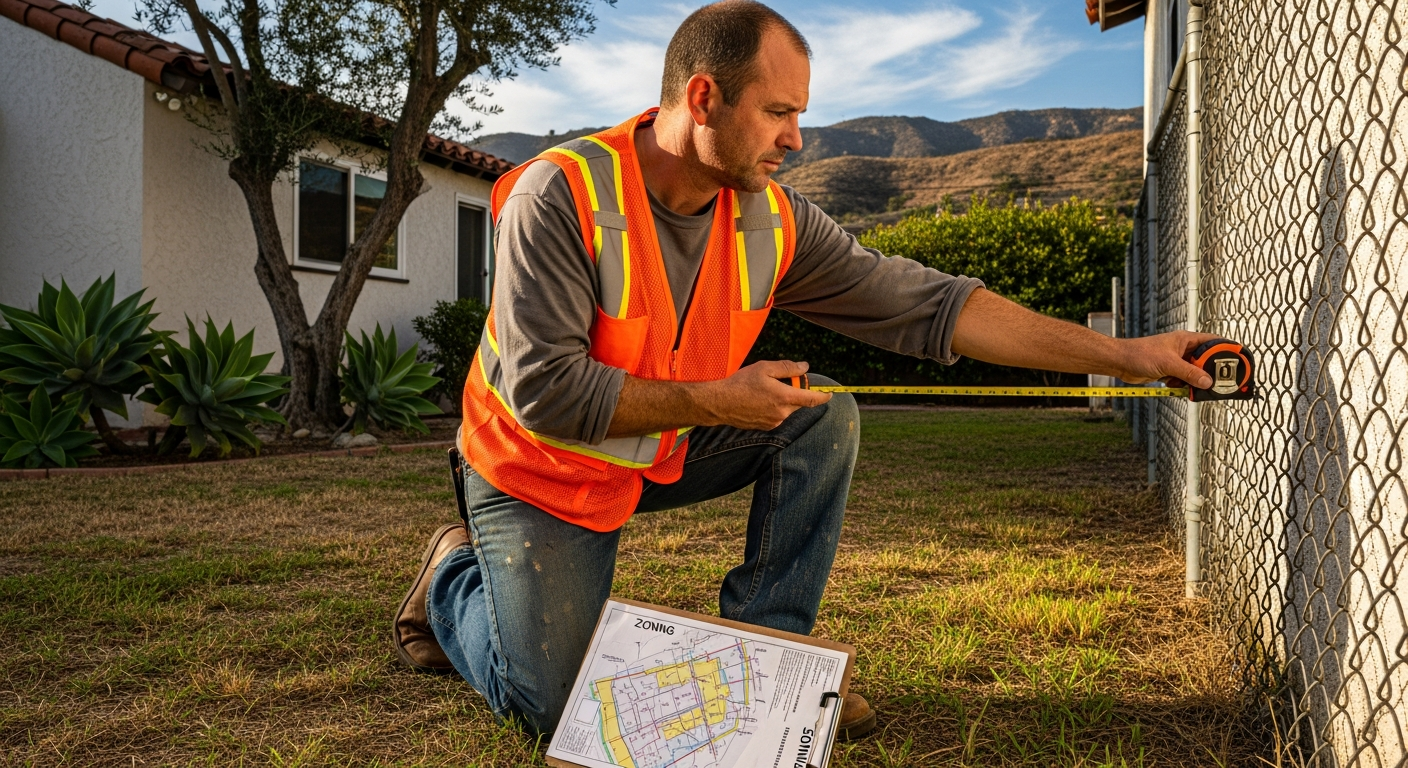 Contractor measuring setback distance from property line to existing house wall, demonstrating zoning compliance verification for Los Angeles addition.