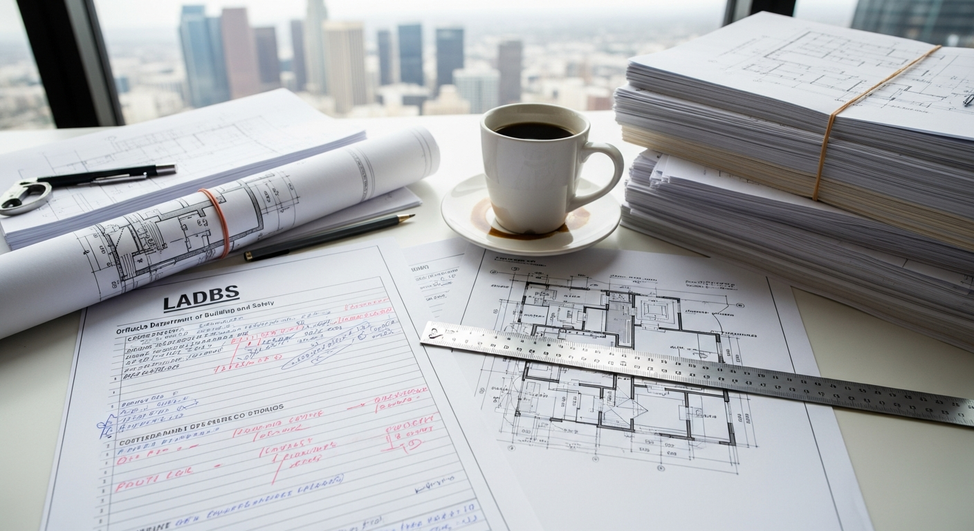 LADBS plan check correction sheet on contractor's desk alongside architectural drawings, illustrating permit review process for Los Angeles remodel or addition.