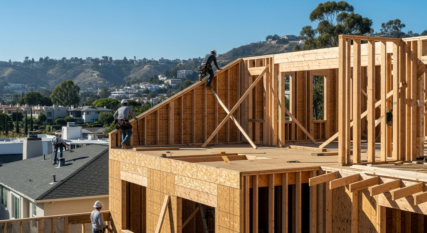 Framed second-story addition under construction above existing Los Angeles home, showing structural tie-in and shear wall installation.