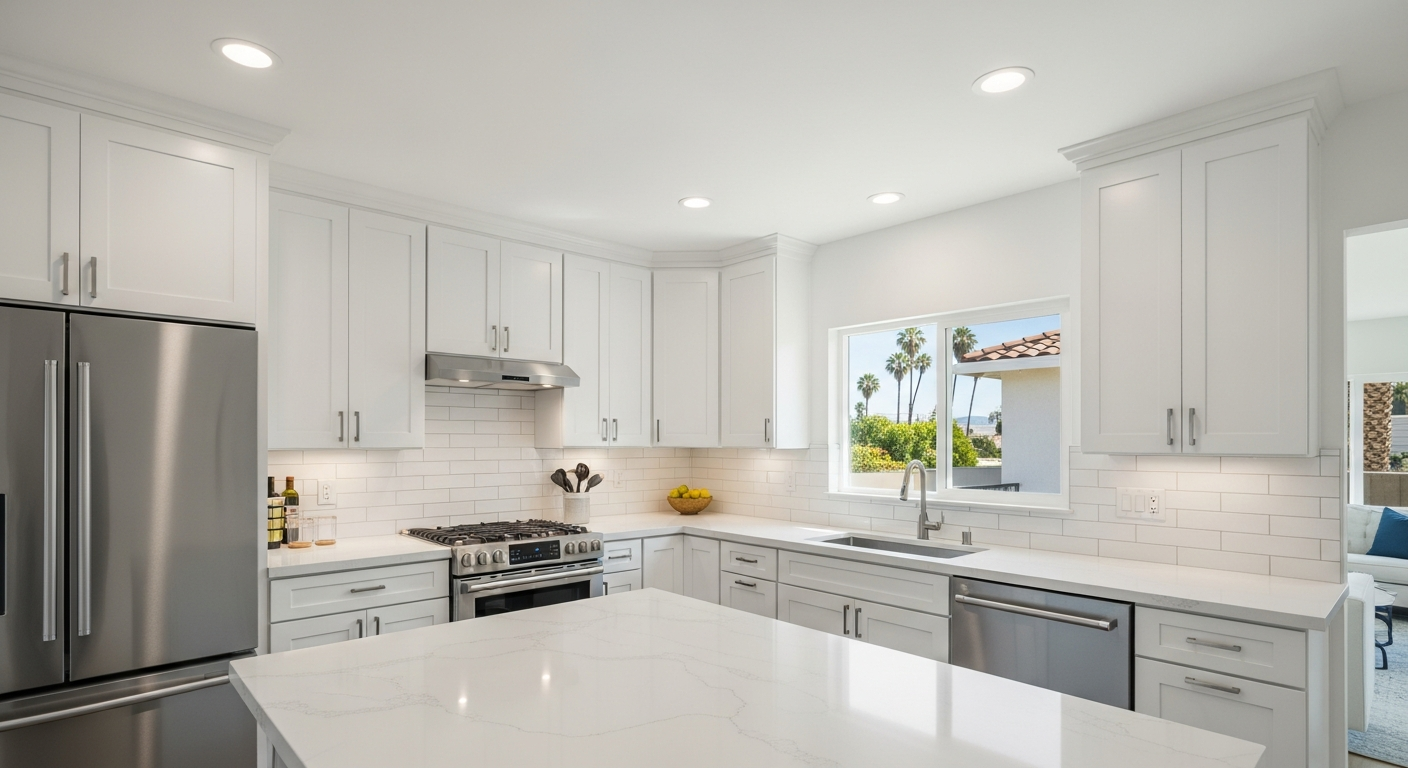 Renovated Los Angeles kitchen interior with modern finishes, illustrating whole-house remodel outcome within existing footprint.