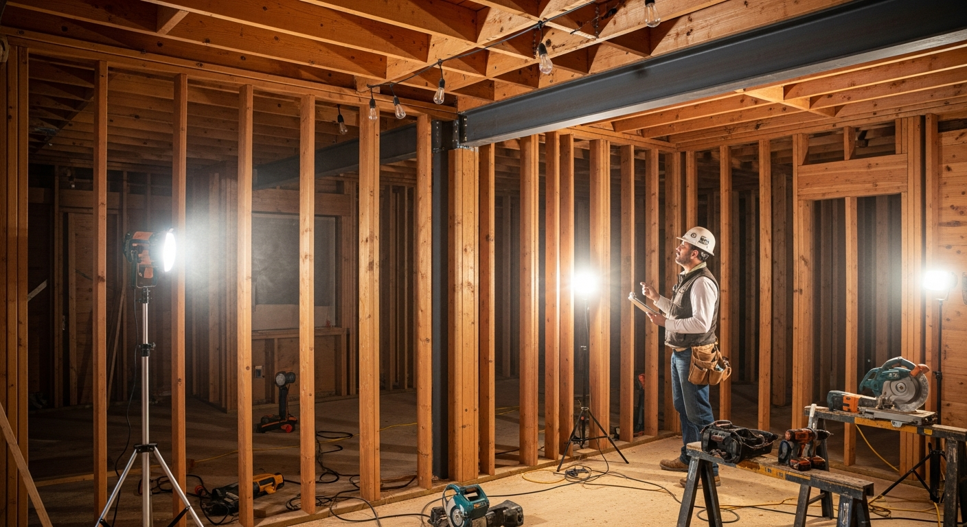 Exposed framing and foundation during a Los Angeles home remodel, showing original Douglas fir studs, new engineered beam installation, and contractor performing structural assessment.