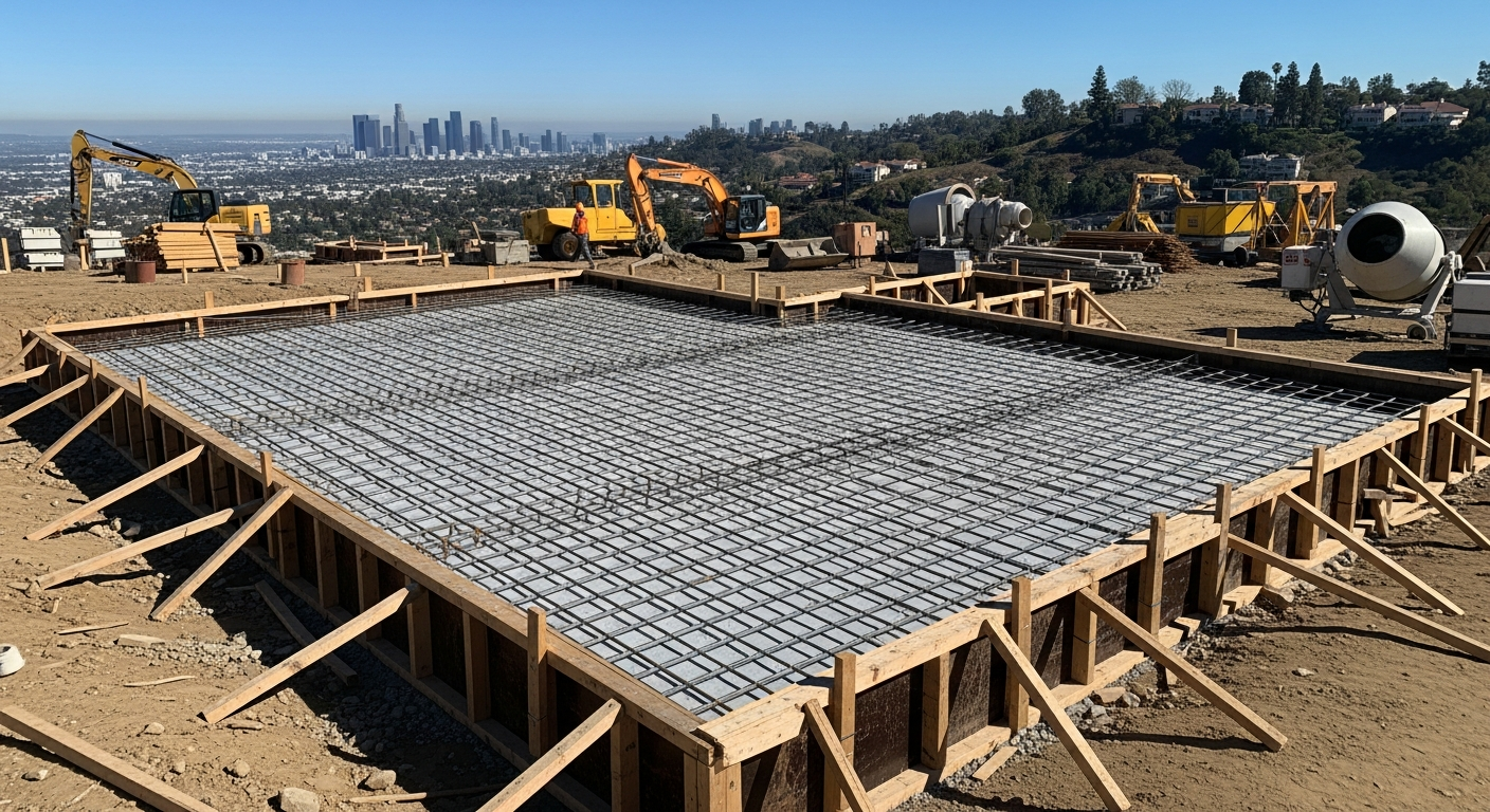 Freshly poured concrete foundation for a Los Angeles home rebuild, showing rebar grid, form boards, and hillside lot with city views in the background.