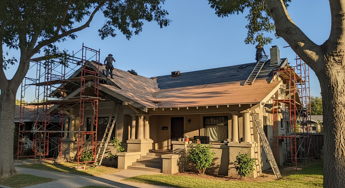 Older Los Angeles Craftsman bungalow undergoing exterior renovation, showing preserved original porch columns, new roofing installation, and contractor working on historic details.