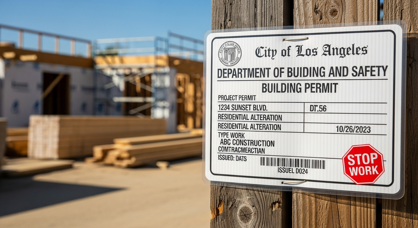LADBS building permit placard posted on a Los Angeles residential construction site, showing permit number and approved scope for a home remodel project.