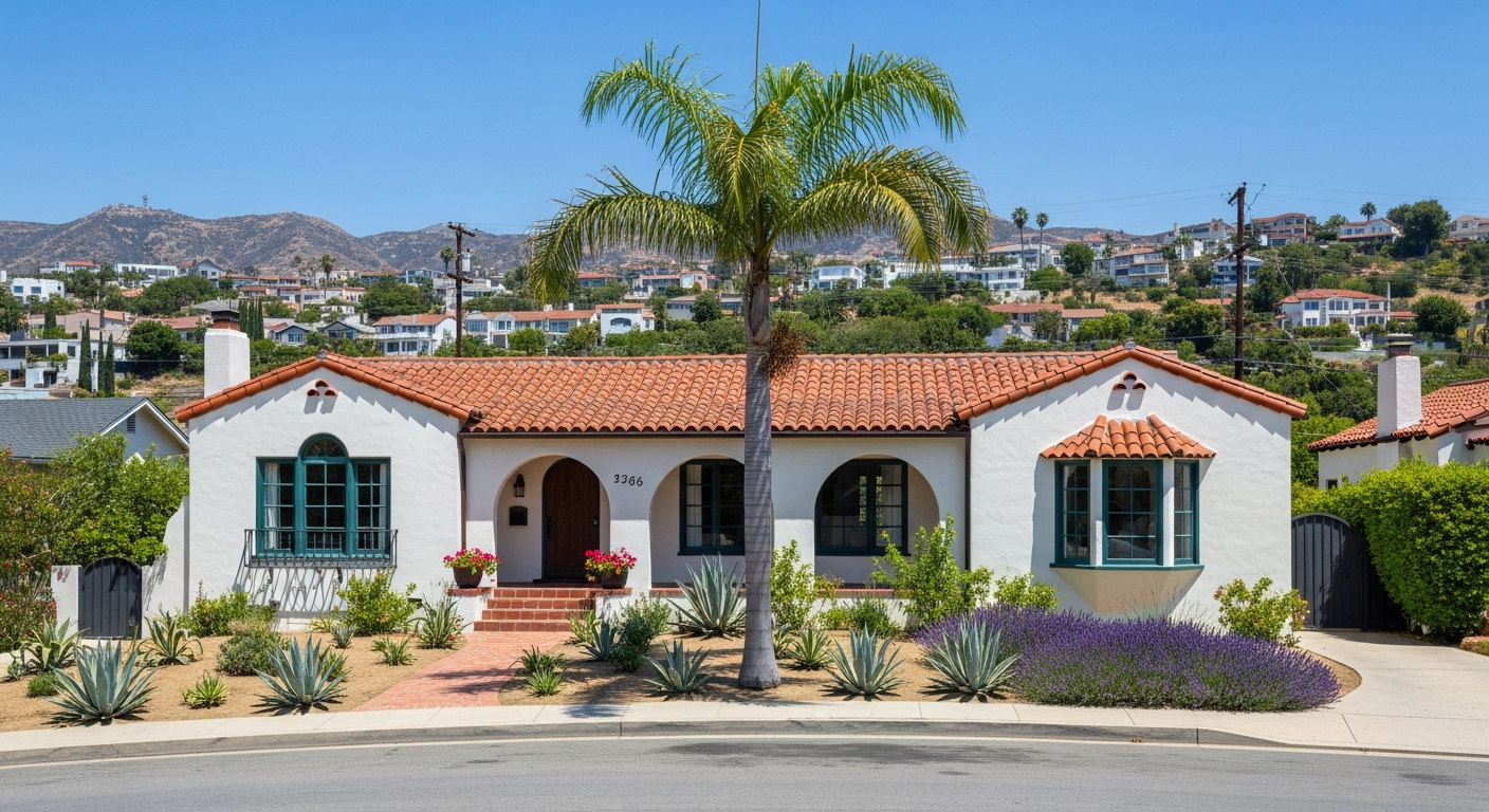 Older Spanish-style Los Angeles home with original stucco and tile roof, showing both preserved exterior character and modern renovation potential in a hillside neighborhood.