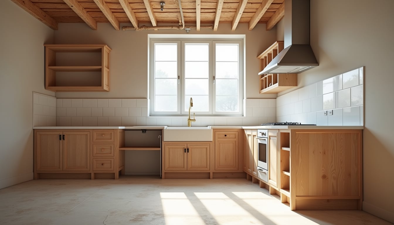 Complete home remodel in progress — kitchen with exposed beams and wood cabinets