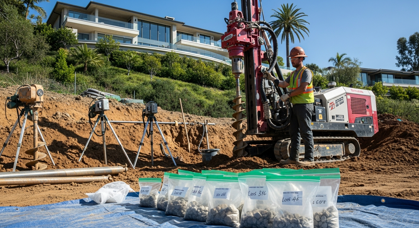 Close view of geotechnical engineer drilling test boring on Bel Air hillside lot with drill rig and soil samples visible.