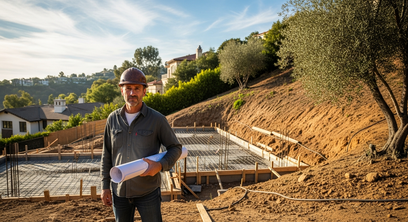 Contractor reviewing architectural plans on-site at Bel Air hillside remodel with slope and foundation work visible in background.