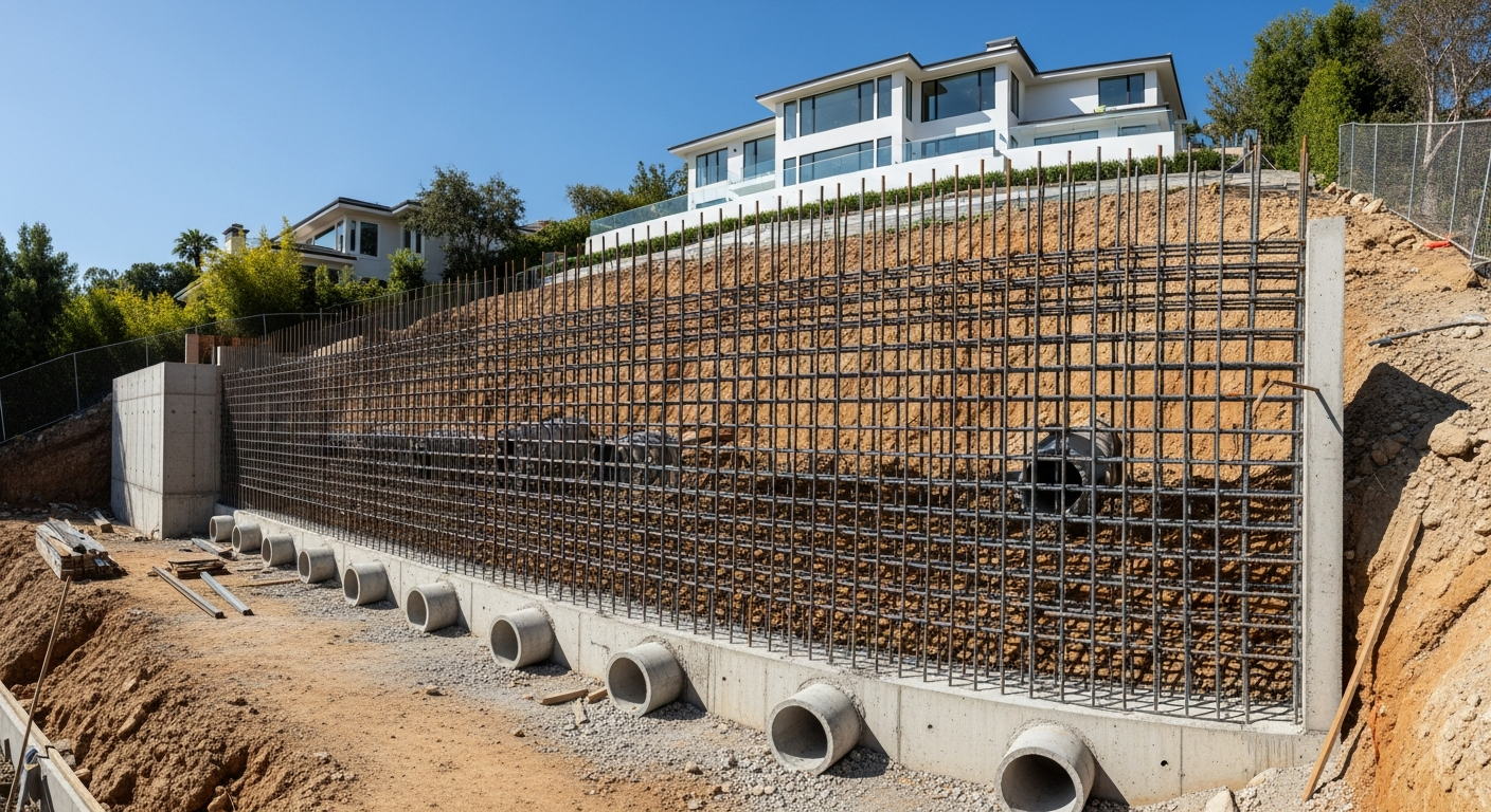 Newly constructed retaining wall with rebar and drainage system on Bel Air hillside lot before concrete pour.