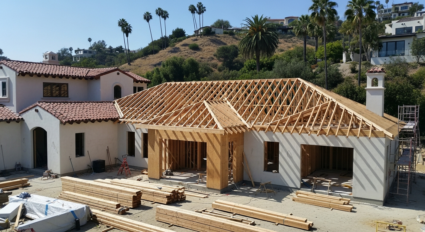 Bel Air hillside home with new roof framing and addition under construction, showing slope setback and structural work.