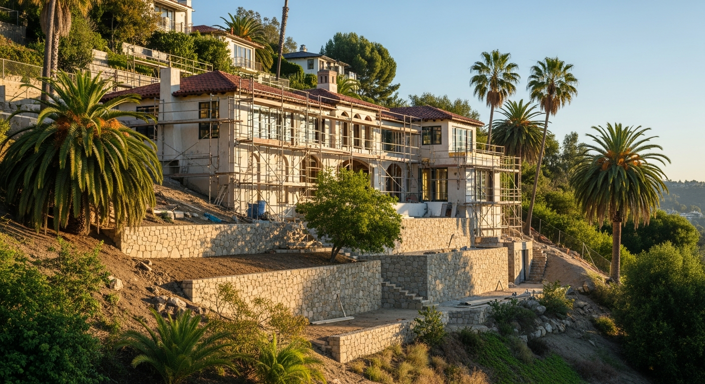 Bel Air hillside home undergoing complete remodel with visible slope and retaining walls in background under clear California sky.