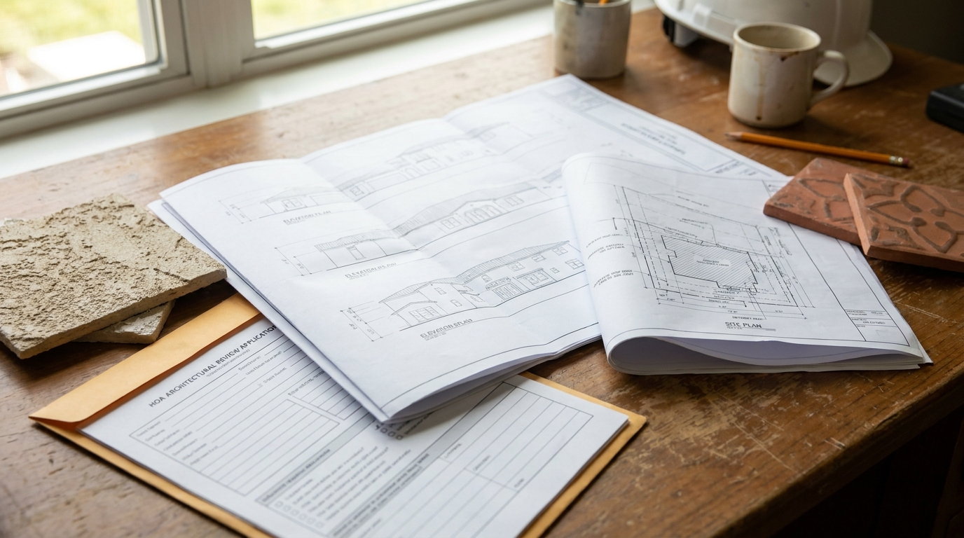 Architectural Committee submittal package with scaled elevation drawings, material samples, and site plan spread on a contractor's desk.