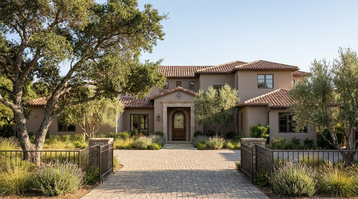 Hidden Hills home exterior showing stucco walls, clay tile roof, and landscaped front yard with mature trees and stone driveway.