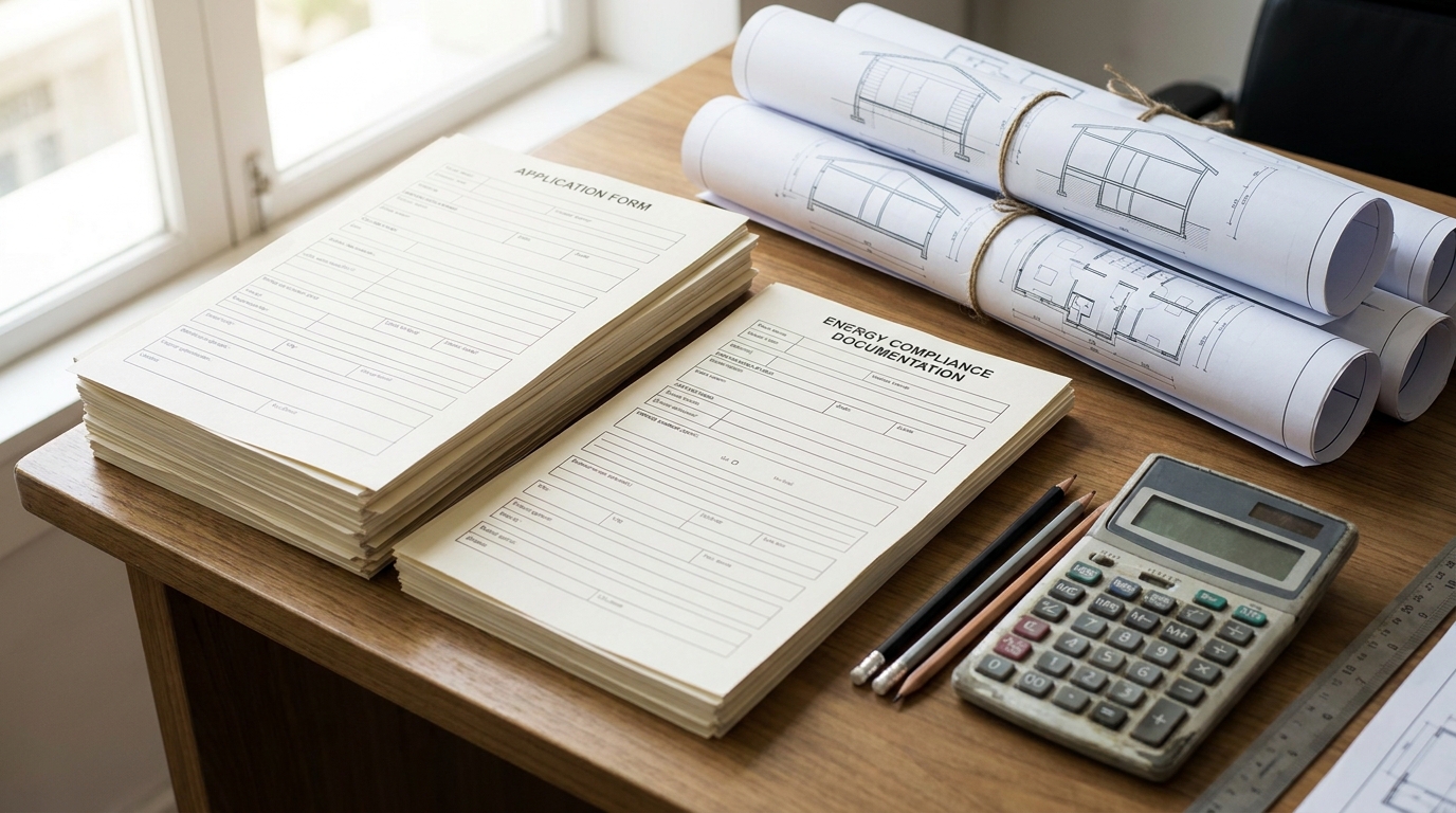 Building permit application and Title 24 energy compliance forms on a contractor's desk with architectural plans.