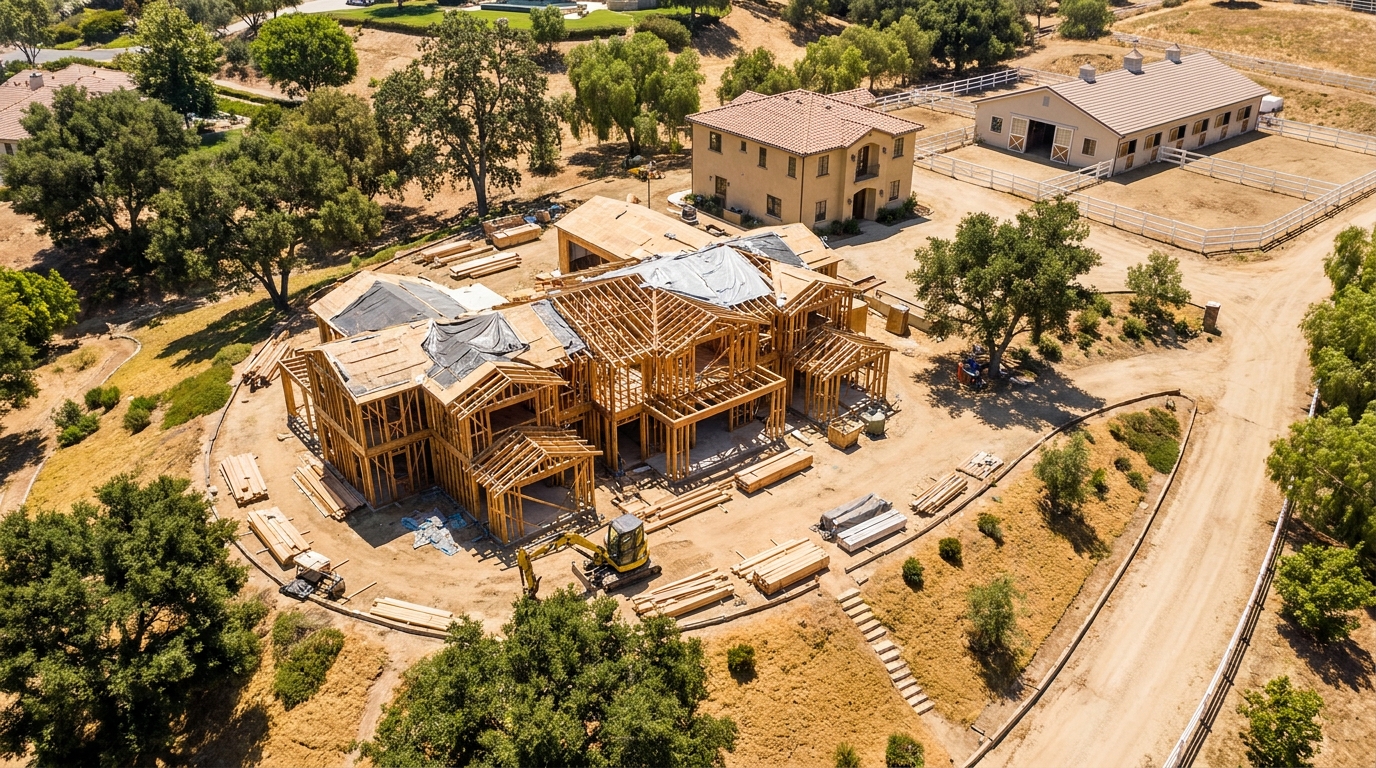 Hidden Hills property with detached guest house, equestrian stable, and main residence under construction with framing visible.