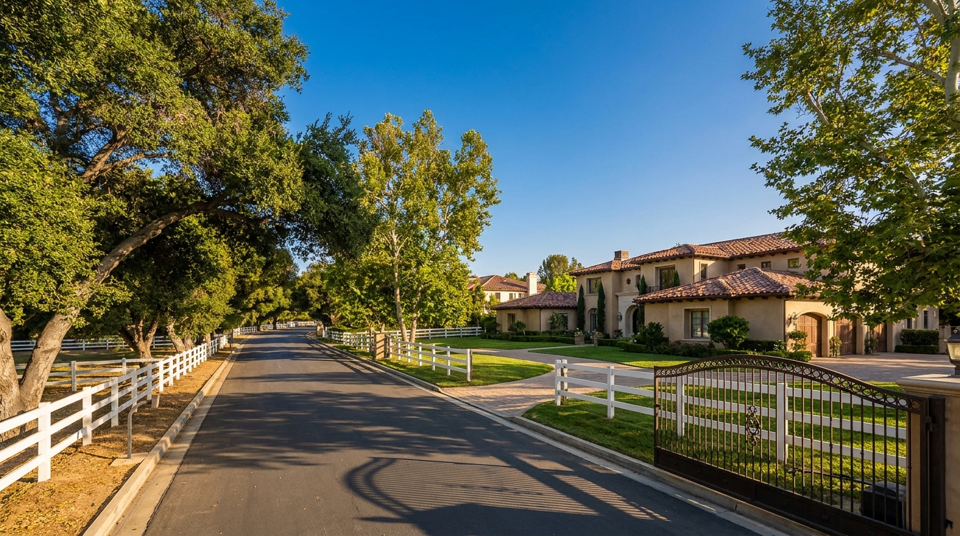 Gated residential street in Hidden Hills with equestrian fencing, mature trees, and Spanish-style homes under clear California sky.