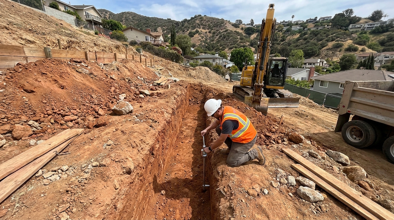 Steep residential lot in La Crescenta with exposed foundation excavation and geotechnical engineer inspecting soil conditions during construction.