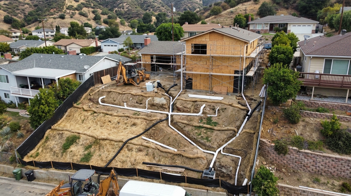 La Crescenta hillside home with drainage system installation showing downspouts, area drains, and underground pipes during remodel construction.