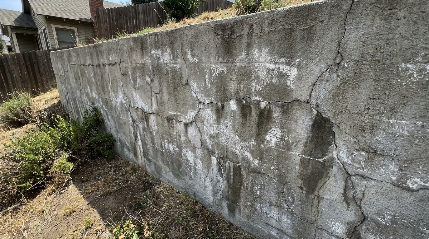 Aging concrete retaining wall on La Crescenta hillside property showing cracks and water seepage requiring structural evaluation during remodel.