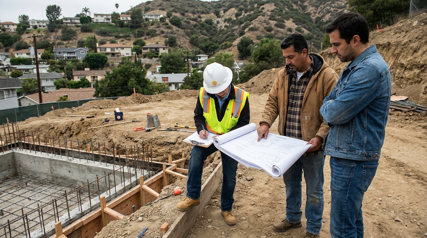 LADBS inspector reviewing foundation plans on La Crescenta hillside remodel site with contractor and structural engineer present.