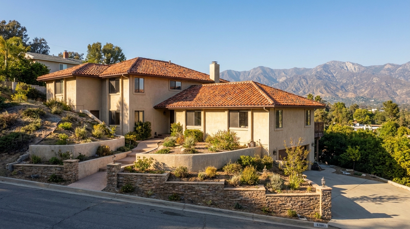 Hillside residential property in La Crescenta with terraced retaining walls and San Gabriel Mountain backdrop under clear California sky.