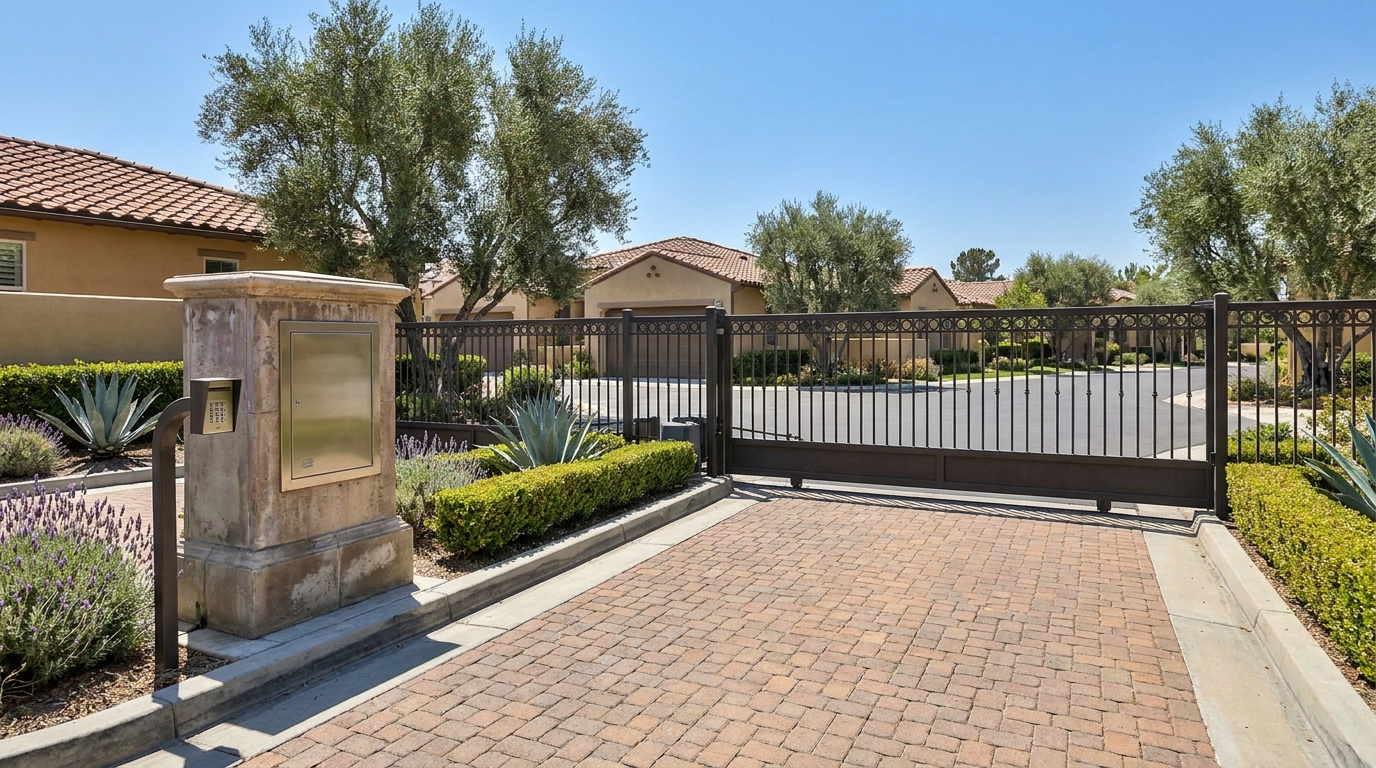 Keypad call box and sliding iron gate at the controlled-access entry to a private Sherman Oaks community.