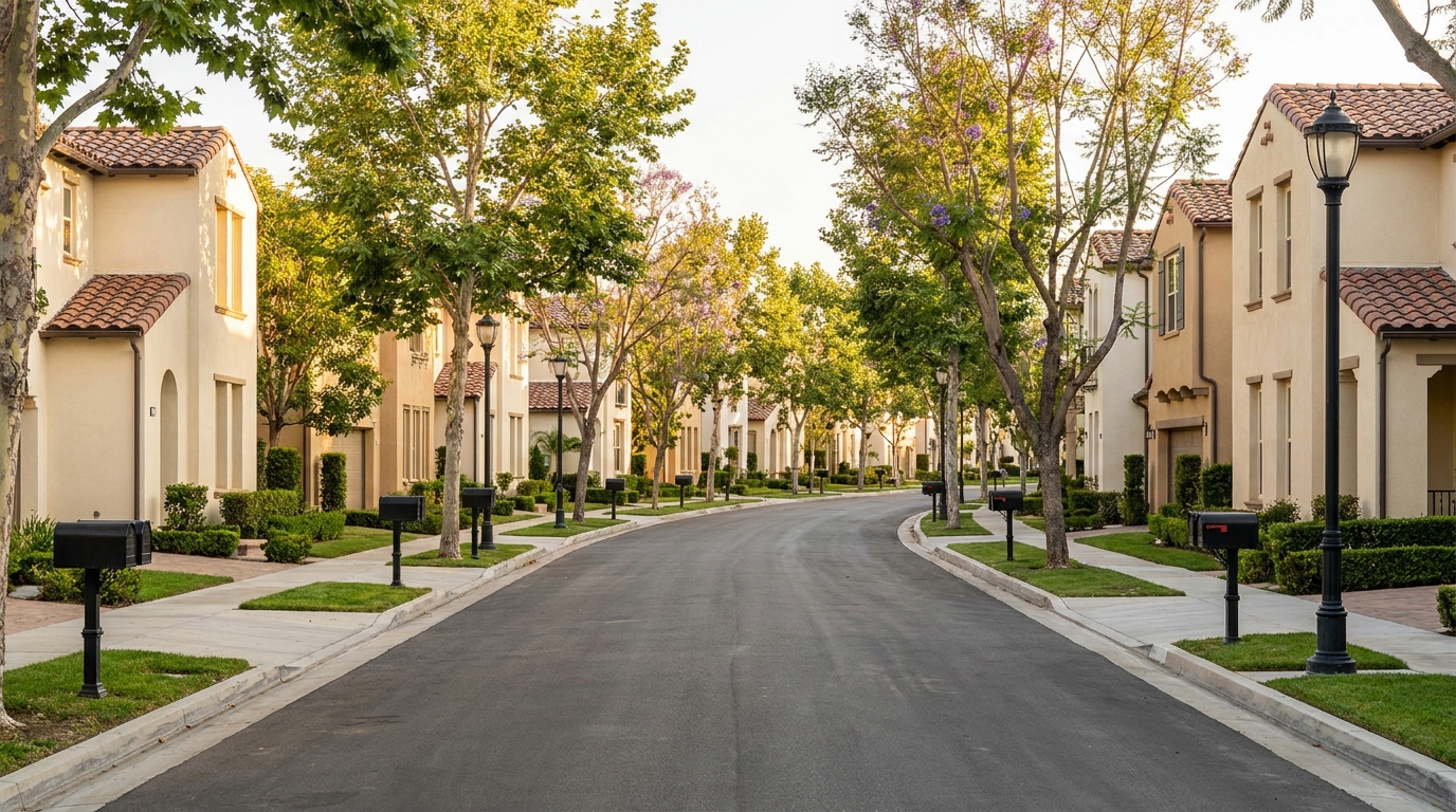 Interior street of a planned Sherman Oaks community with matching tile roofs, stucco colors, and curbside mailboxes.