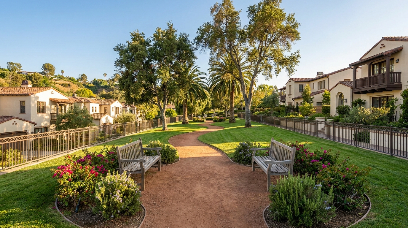 Landscaped common area with a walking path and benches inside a gated Sherman Oaks neighborhood.