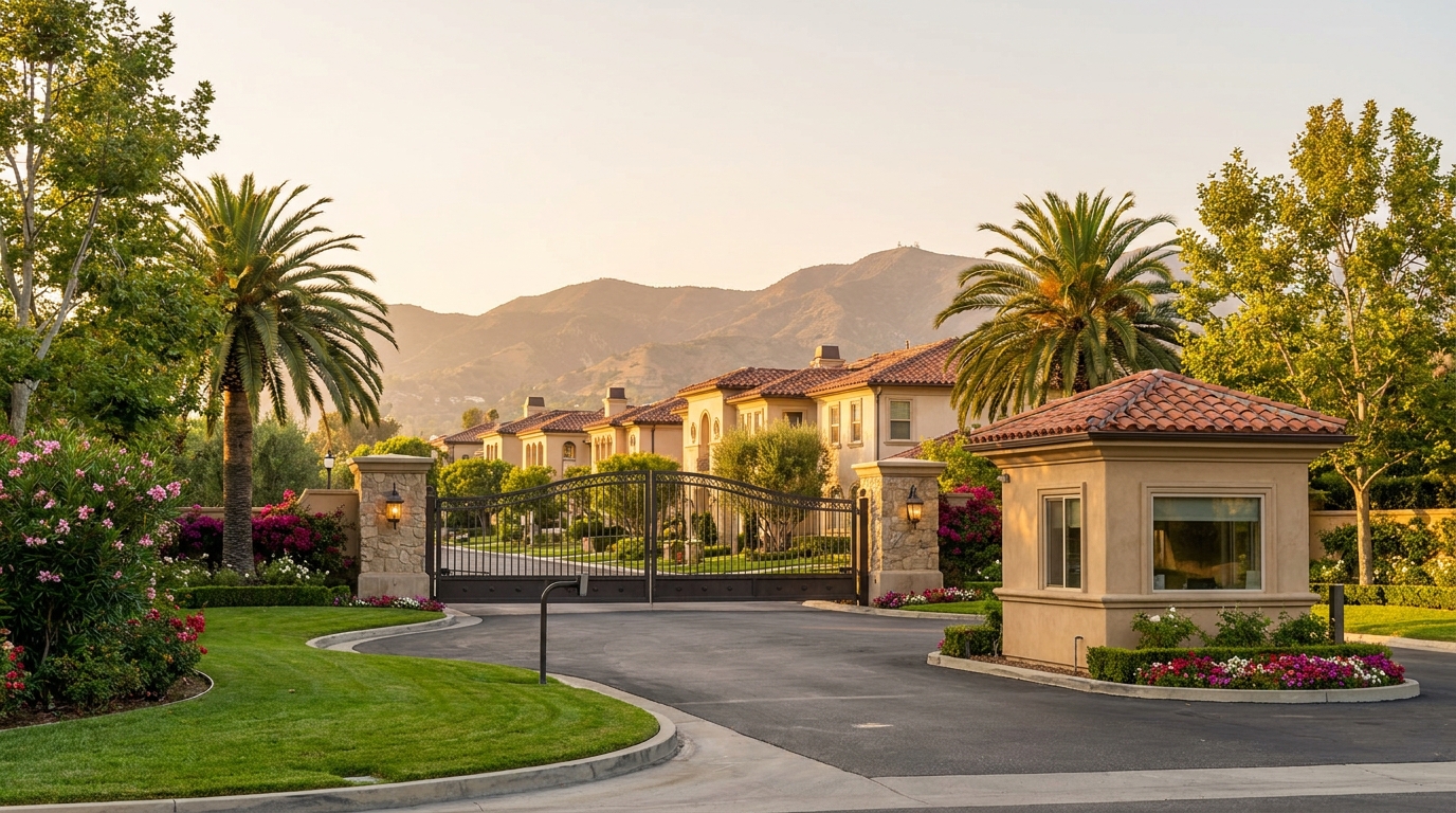 Gated community entrance in Sherman Oaks with stone pillars, an iron gate, a guard kiosk, and matching homes beyond.