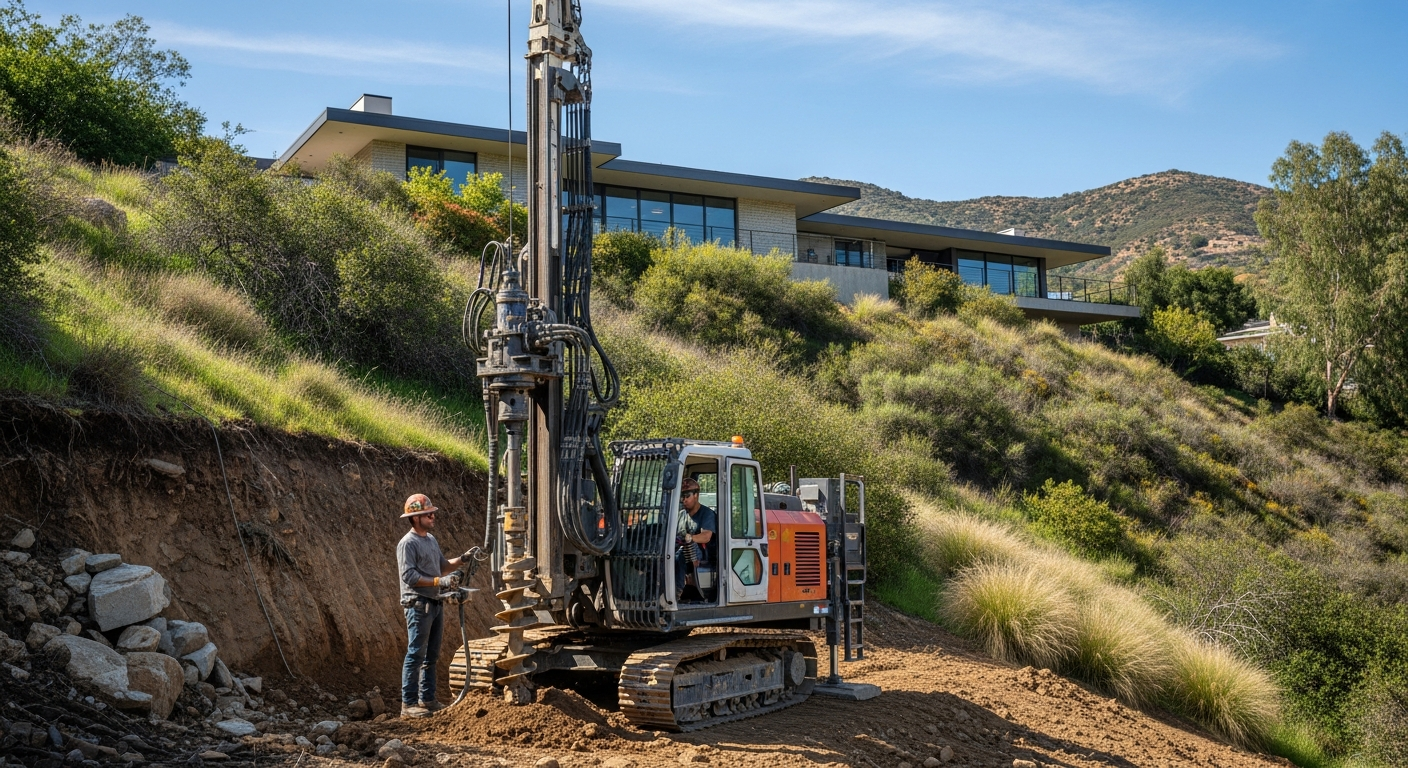 Geotechnical engineer drilling test boring on steep Studio City hillside lot with residential home in background.